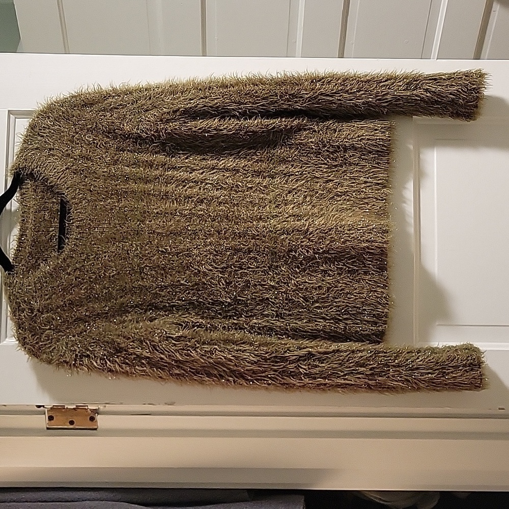 Sies Marjan Sparkle Metallic Tinsel Fuzzy Furry Olive Sweater - M